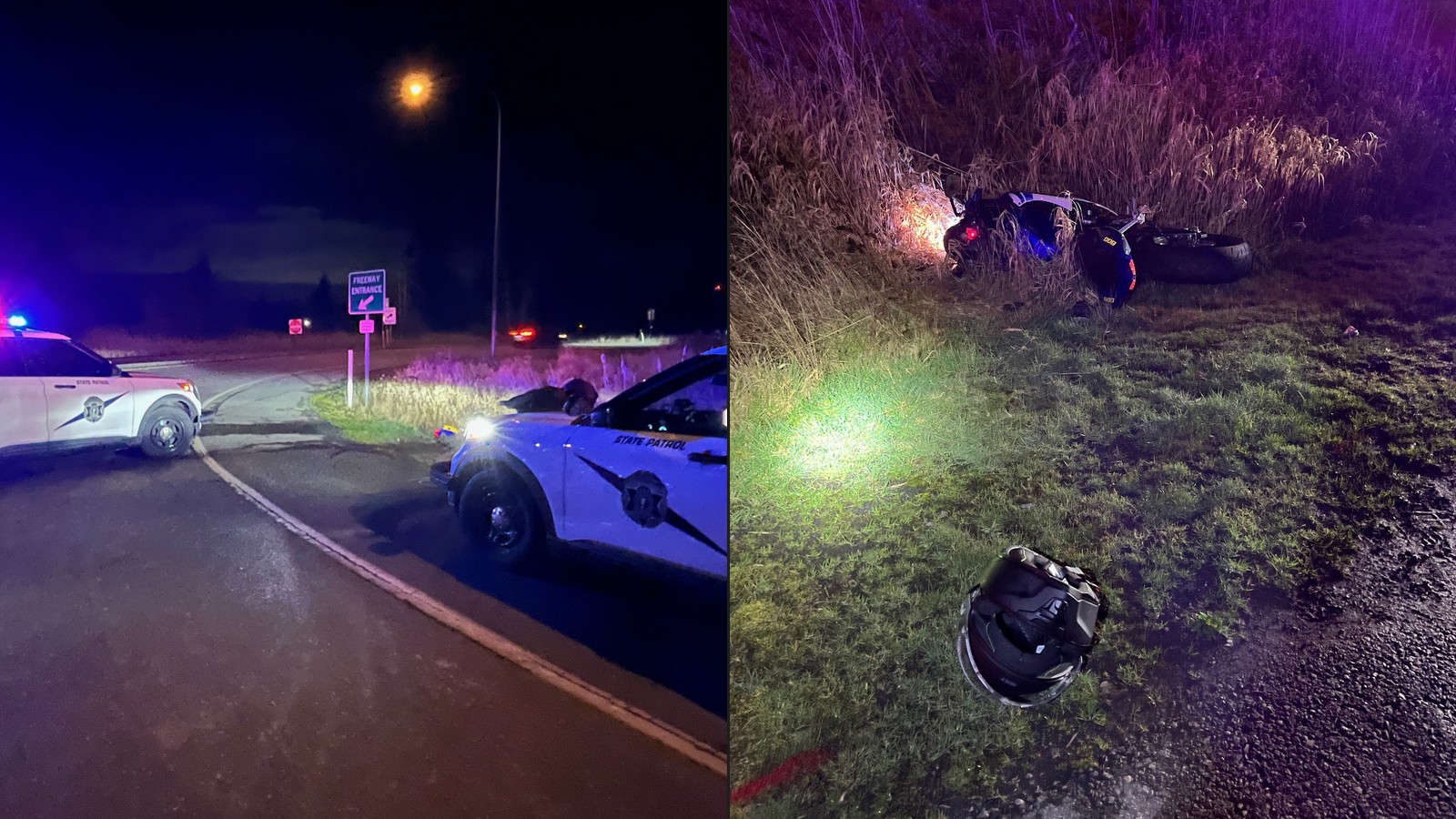 Washington State Patrol vehicles at the scene of a motorcycle pursuit on I-5 near Blaine in Whatcom County
